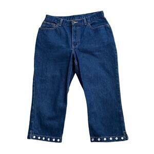 Jeanology Capri Jeans Rhinestone Hem Cropped Size 8 Blue Denim